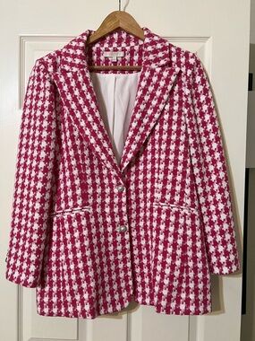 Wayf Pink & White Houndstooth Tweed Blazer